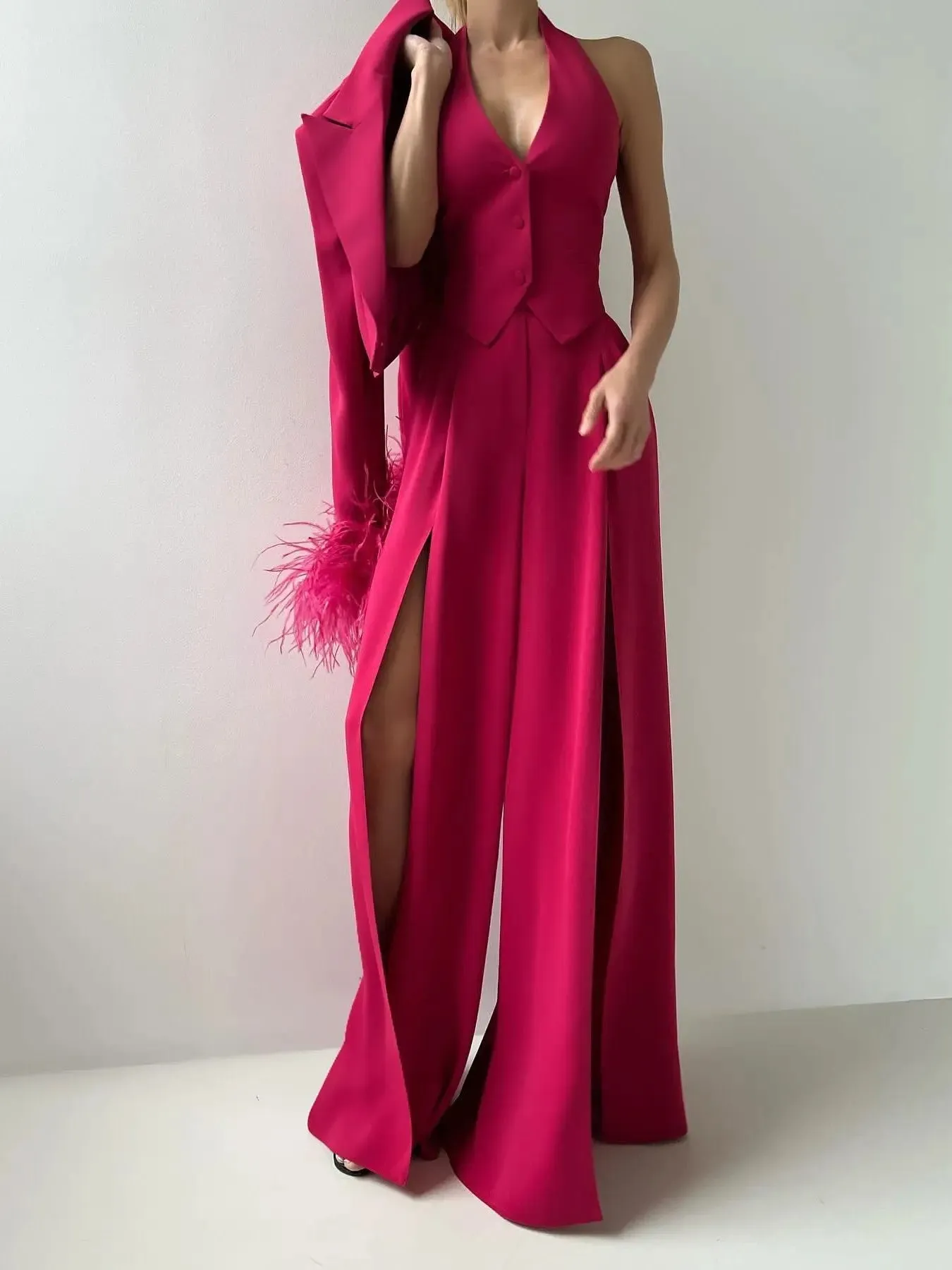 Rose  Cuffs Furry Cropped Jacket Vest Slit Pants Three-piece Set