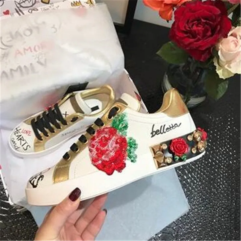 Rose Graffiti Rhinestone Flats Print Genuine Leather Sneakers Fashion Lace Up Quality Round Toe Ladies Loafer Shoes Women