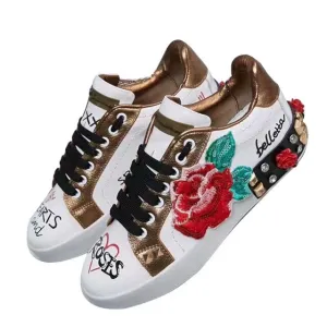 Rose Graffiti Rhinestone Flats Print Genuine Leather Sneakers Fashion Lace Up Quality Round Toe Ladies Loafer Shoes Women