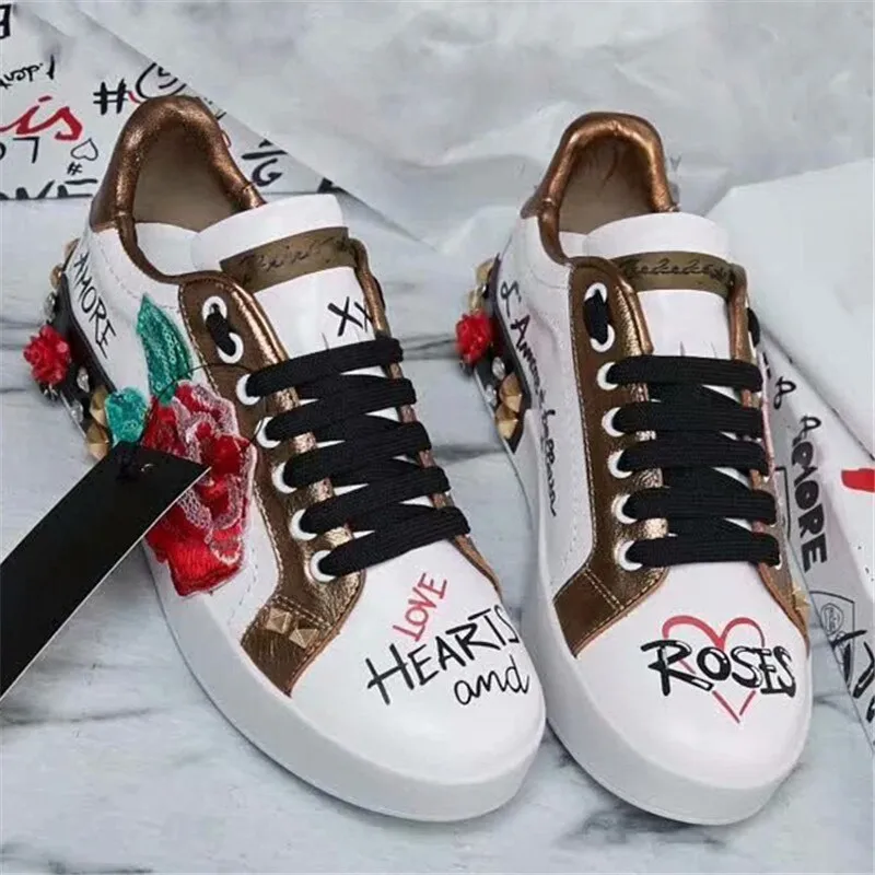 Rose Graffiti Rhinestone Flats Print Genuine Leather Sneakers Fashion Lace Up Quality Round Toe Ladies Loafer Shoes Women