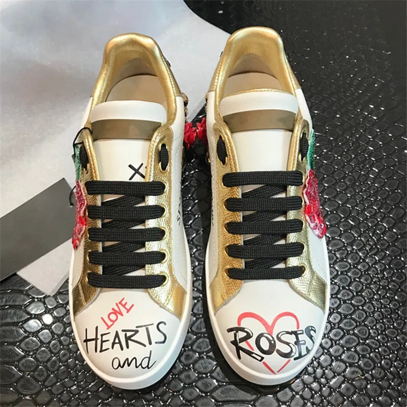 Rose Graffiti Rhinestone Flats Print Genuine Leather Sneakers Fashion Lace Up Quality Round Toe Ladies Loafer Shoes Women