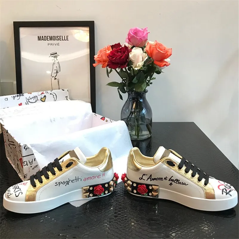 Rose Graffiti Rhinestone Flats Print Genuine Leather Sneakers Fashion Lace Up Quality Round Toe Ladies Loafer Shoes Women