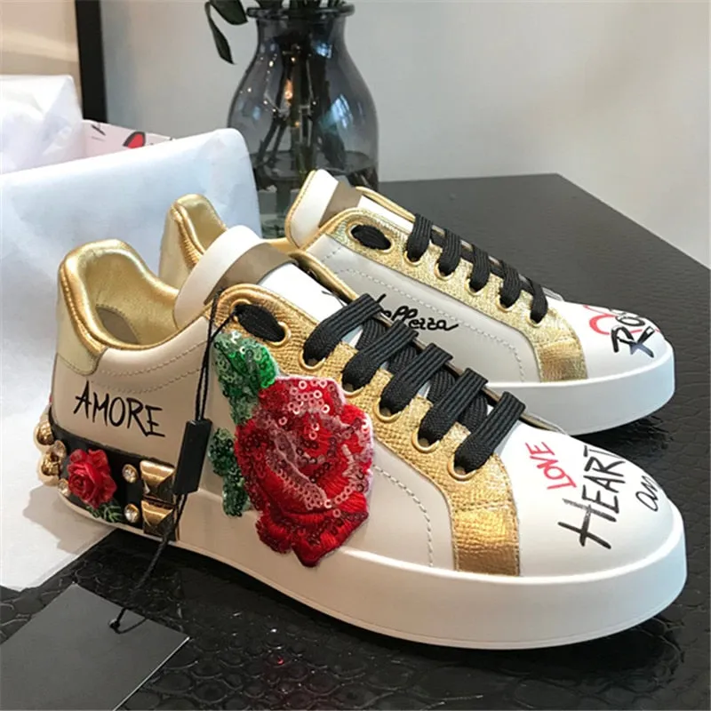 Rose Graffiti Rhinestone Flats Print Genuine Leather Sneakers Fashion Lace Up Quality Round Toe Ladies Loafer Shoes Women