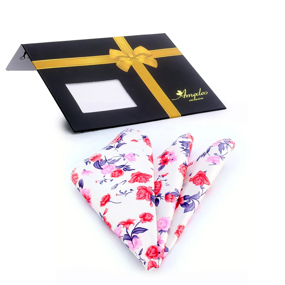 Rose White Floral Mens Pocket Square - Premium Silk Handkerchiefs for Suits