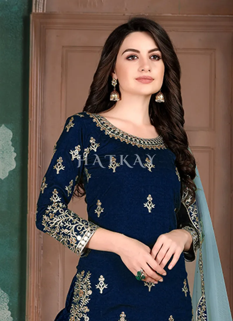 Royal Blue Mirror Work Silk Punjabi Patiala Suit