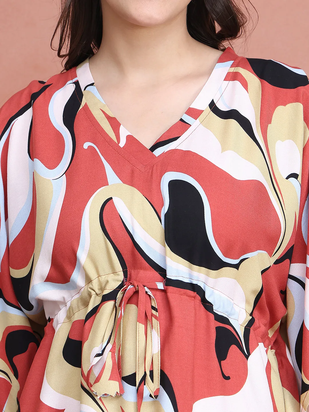 Rust Colour Abstract Printed Viscose Rayon Kaftan For Women