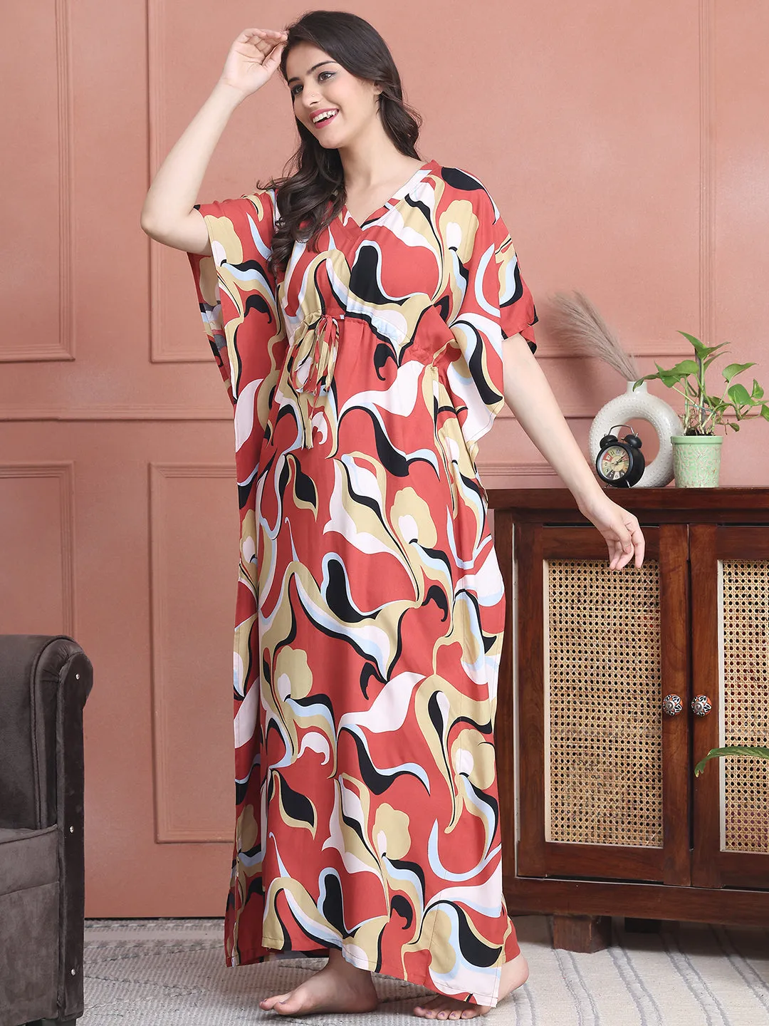Rust Colour Abstract Printed Viscose Rayon Kaftan For Women