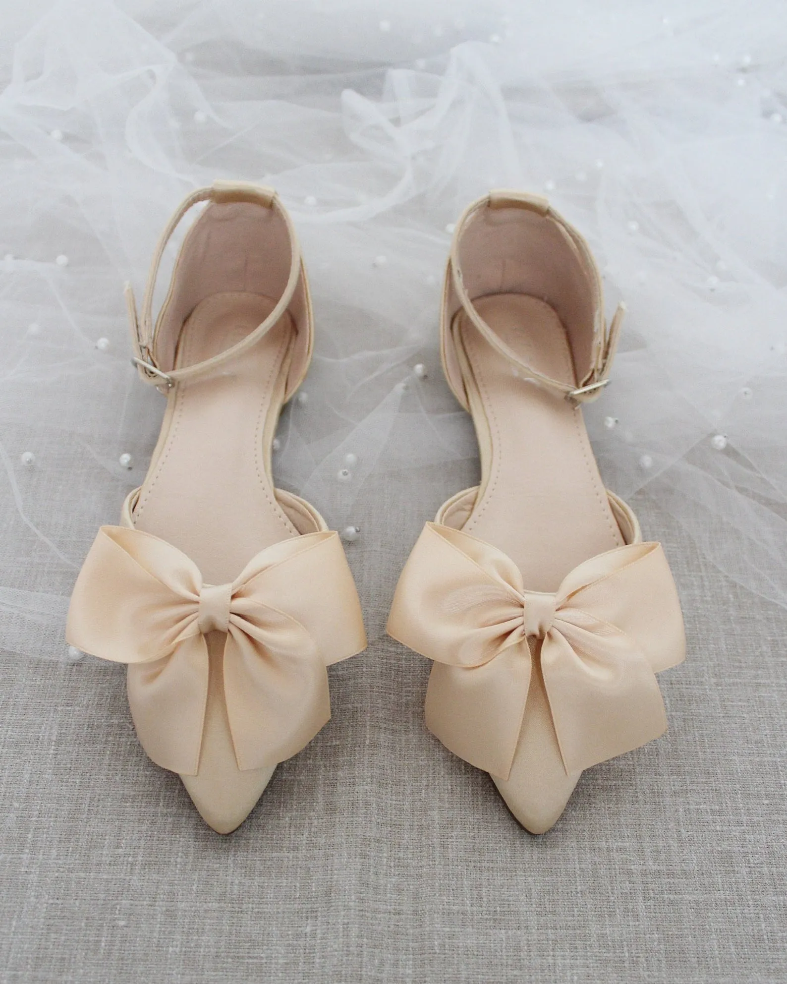 Satin Pointy Toe flats with Front Satin Bow