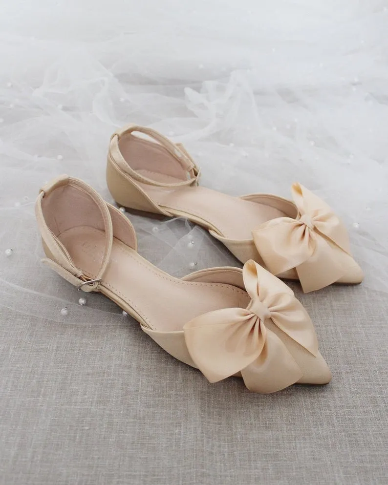 Satin Pointy Toe flats with Front Satin Bow