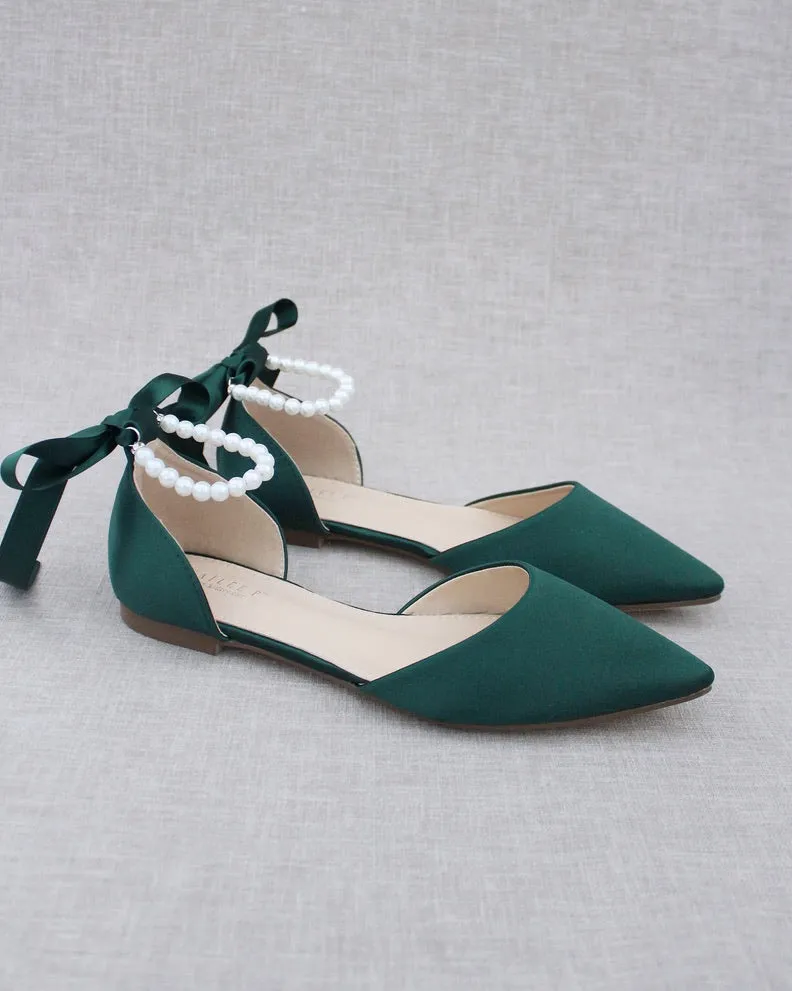 Satin Pointy Toe Flats with Satin Ankle Tie or Ballerina Lace Up