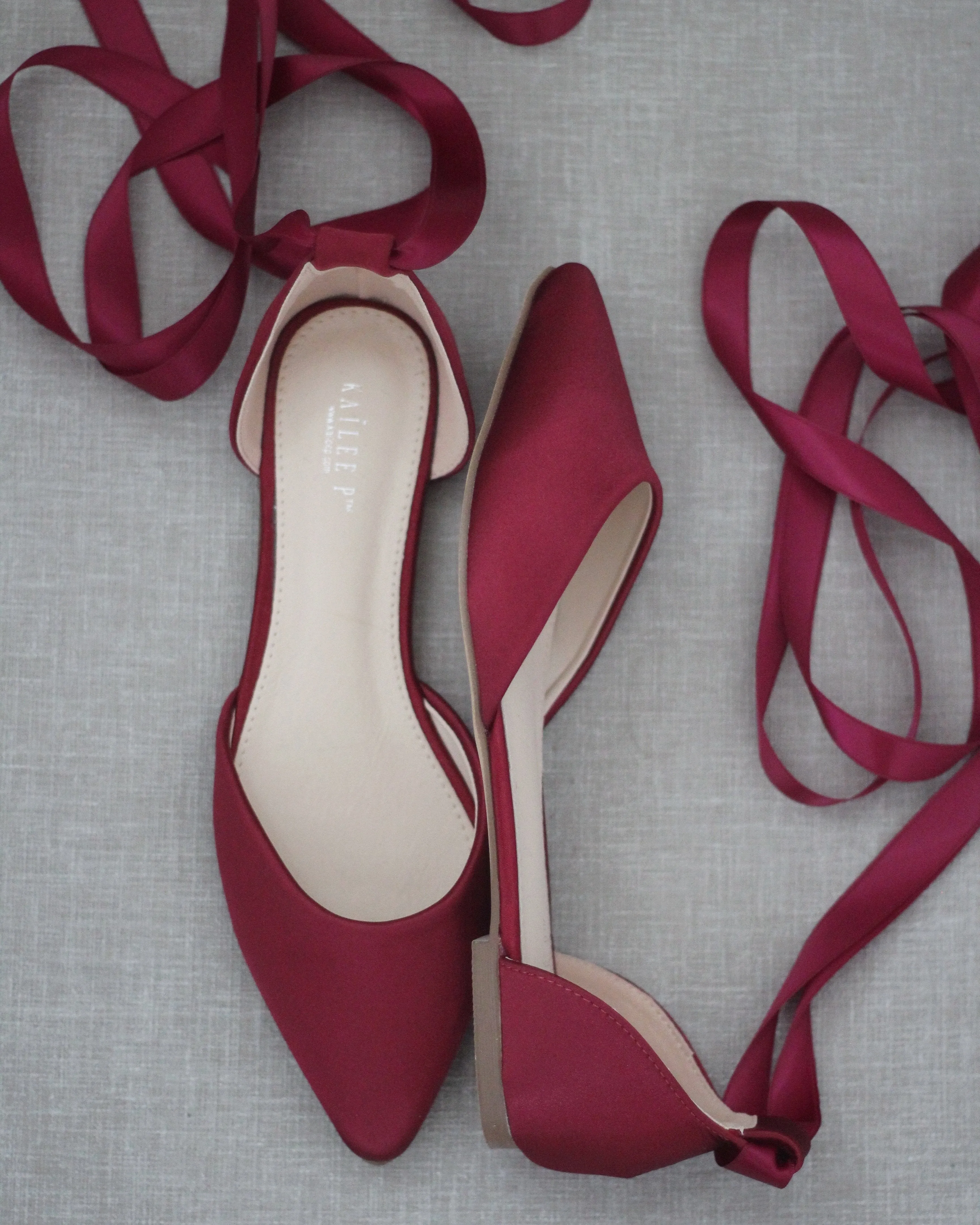 Satin Pointy Toe Flats with Satin Ankle Tie or Ballerina Lace Up