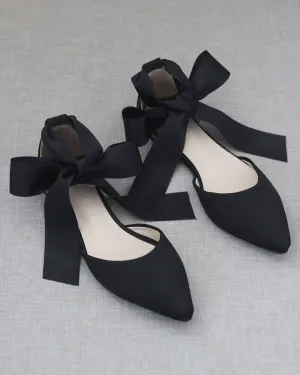Satin Pointy Toe Flats with Satin Ankle Tie or Ballerina Lace Up