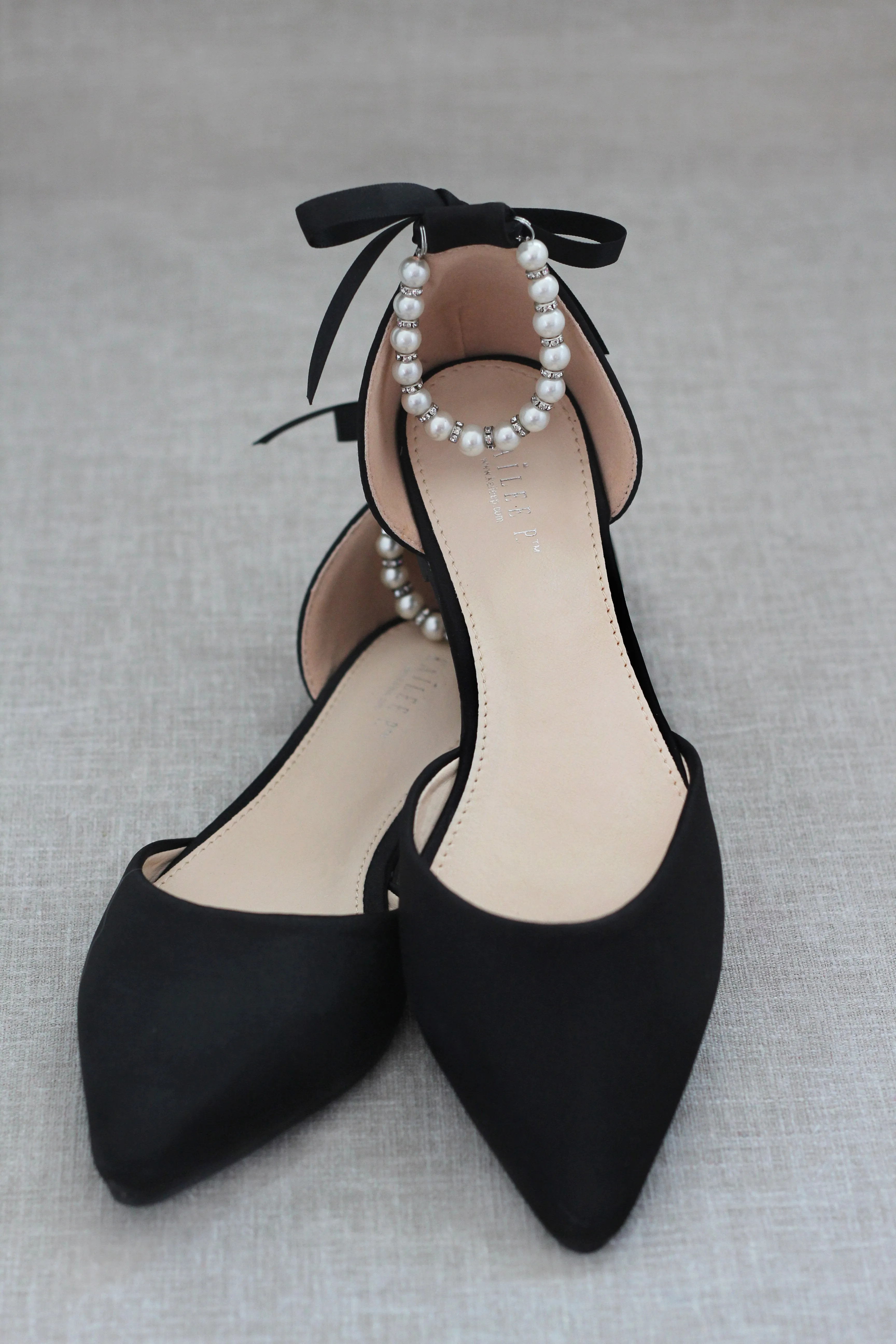 Satin Pointy Toe Flats with Satin Ankle Tie or Ballerina Lace Up