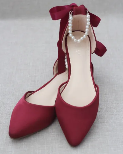 Satin Pointy Toe Flats with Satin Ankle Tie or Ballerina Lace Up
