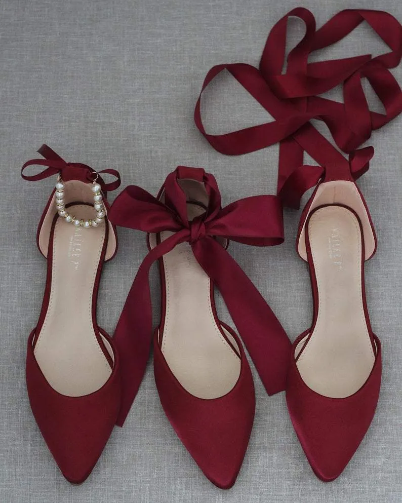 Satin Pointy Toe Flats with Satin Ankle Tie or Ballerina Lace Up