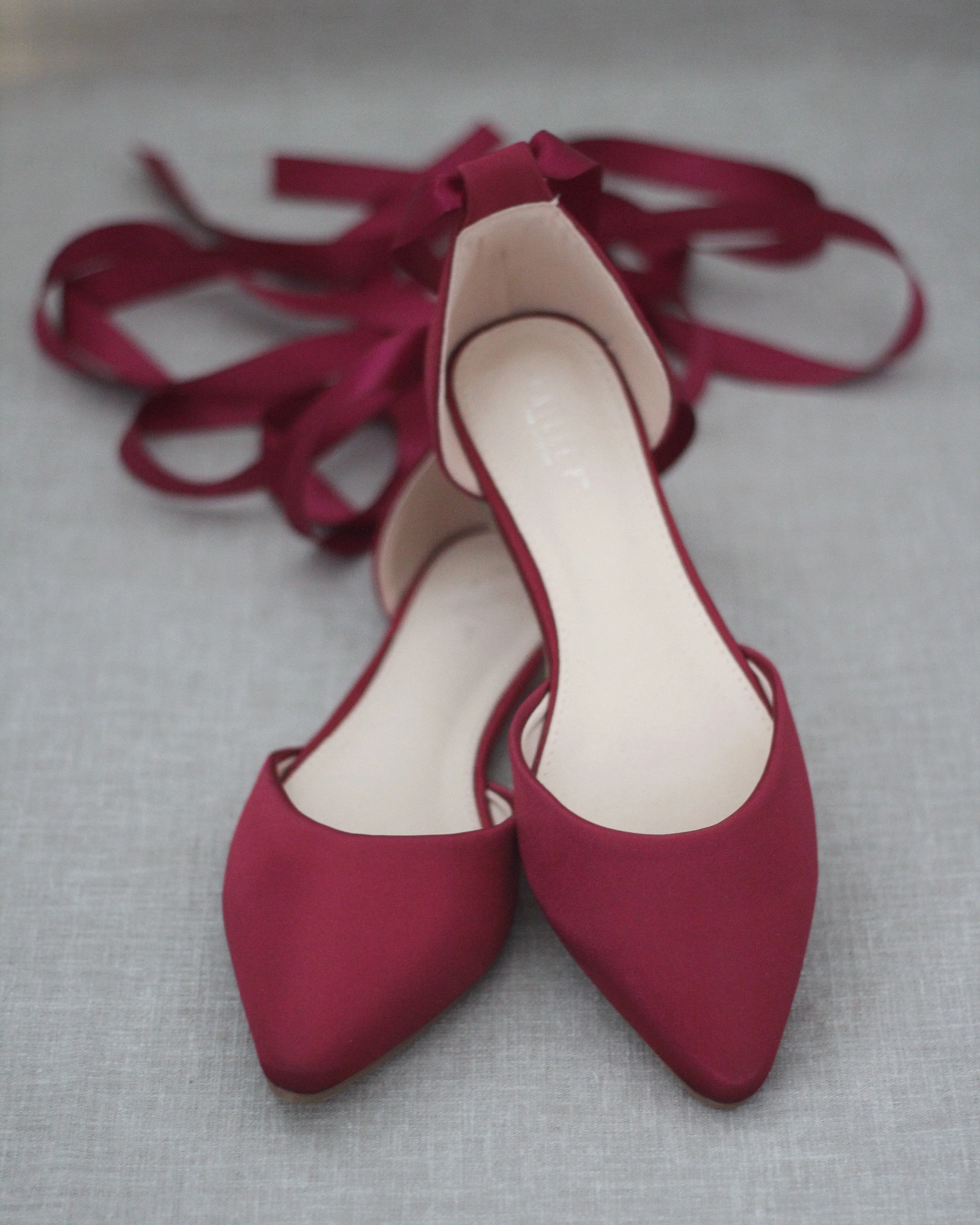 Satin Pointy Toe Flats with Satin Ankle Tie or Ballerina Lace Up