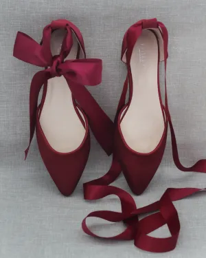 Satin Pointy Toe Flats with Satin Ankle Tie or Ballerina Lace Up