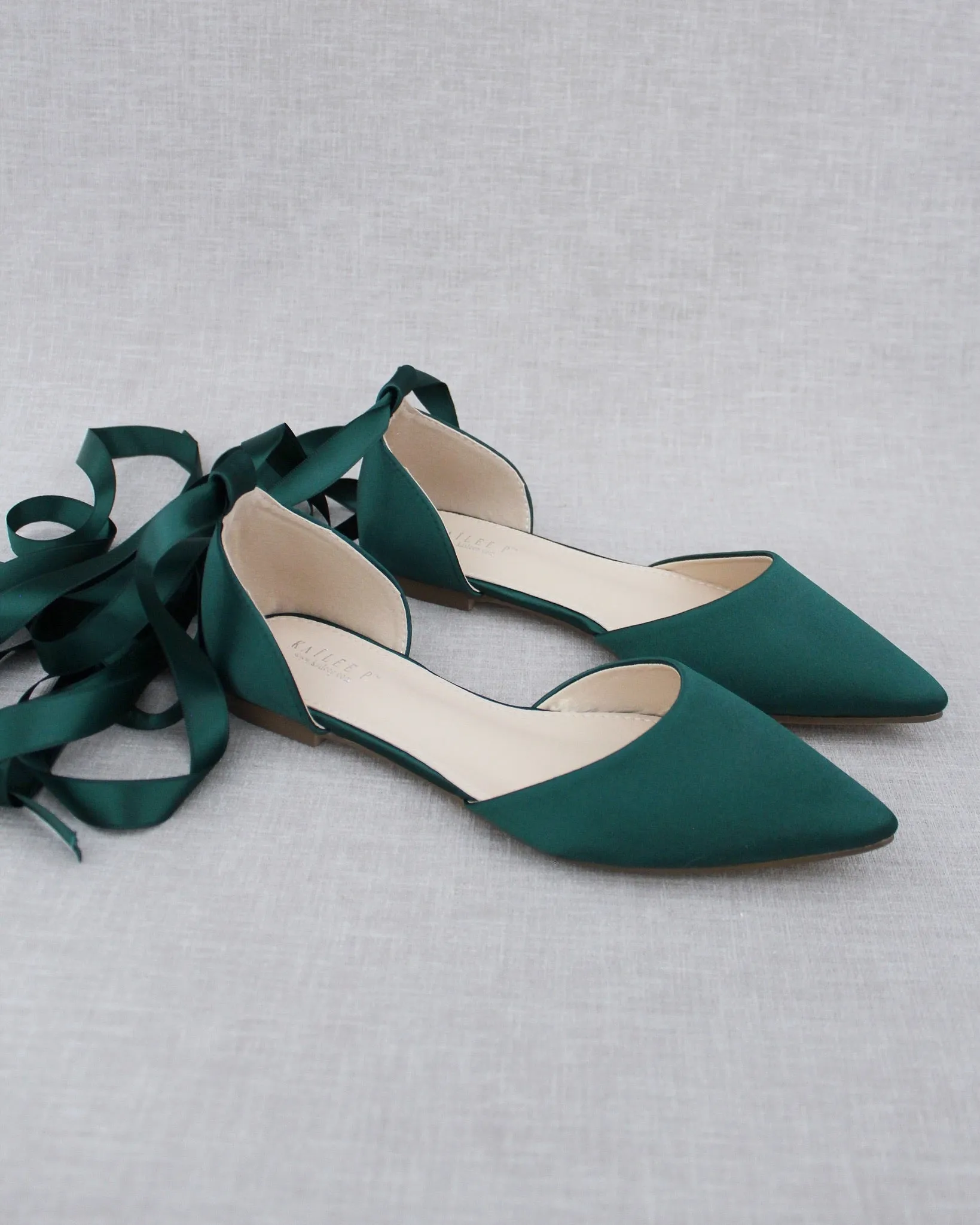 Satin Pointy Toe Flats with Satin Ankle Tie or Ballerina Lace Up