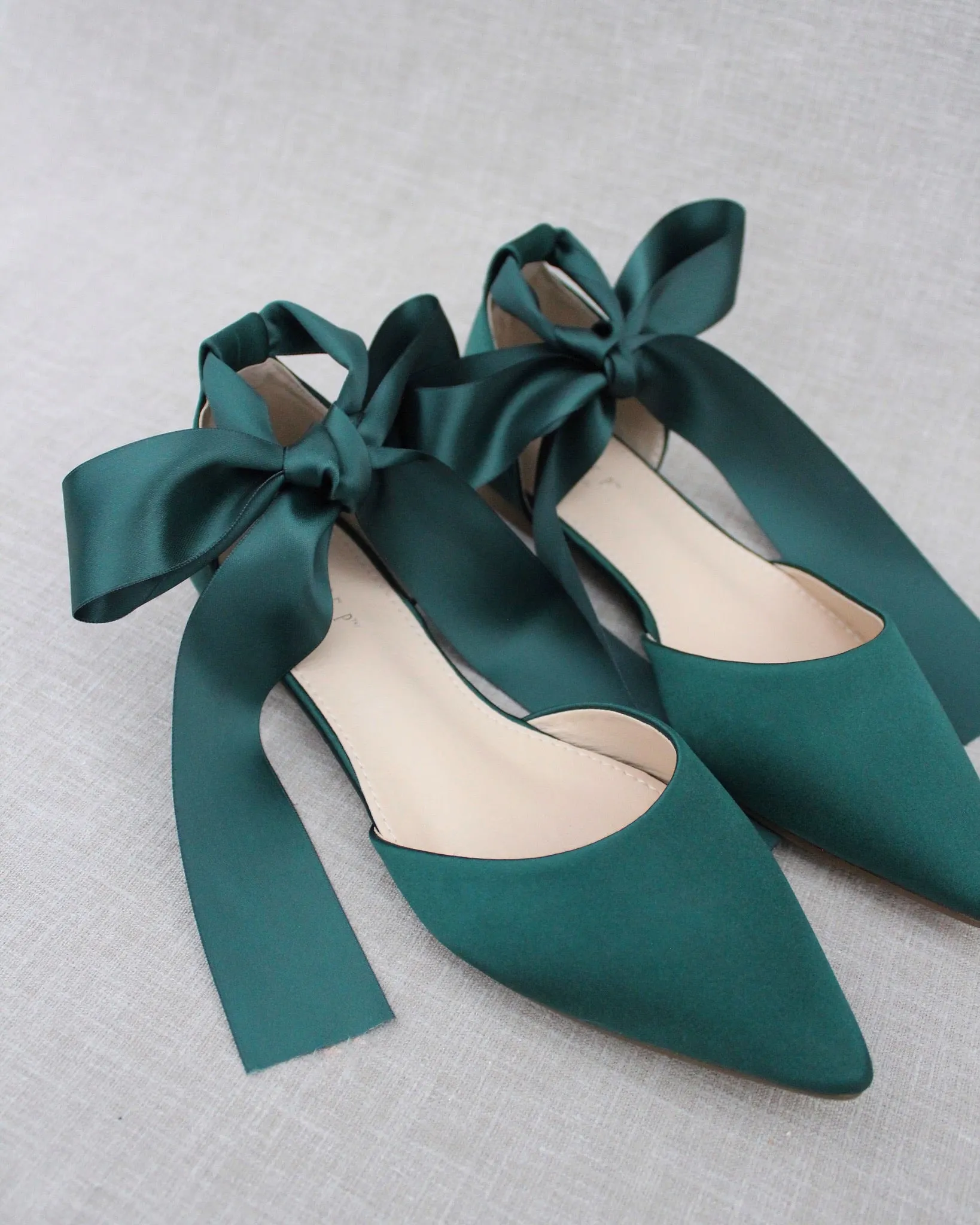 Satin Pointy Toe Flats with Satin Ankle Tie or Ballerina Lace Up