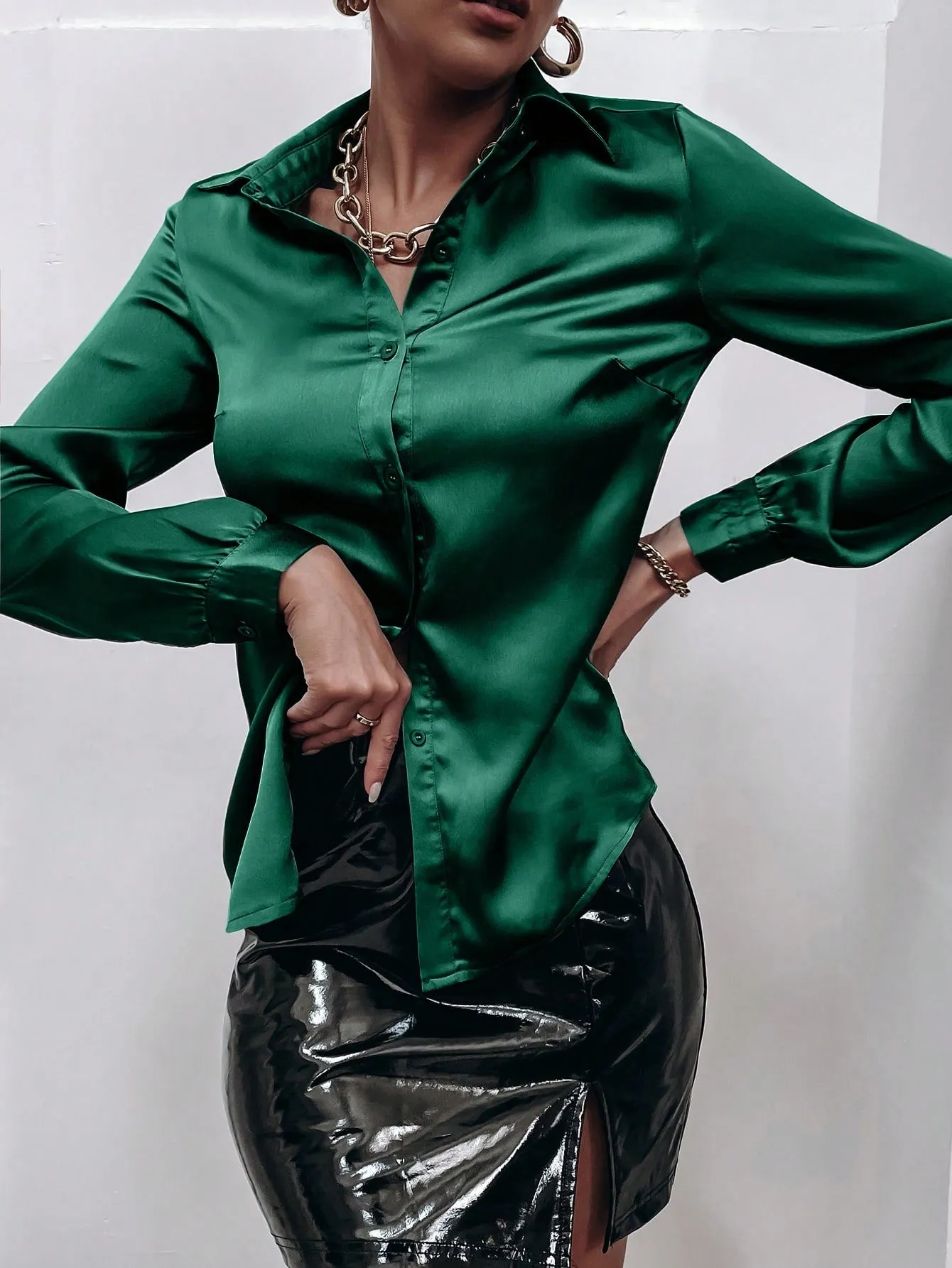 Satin Solid Button Front Shirt