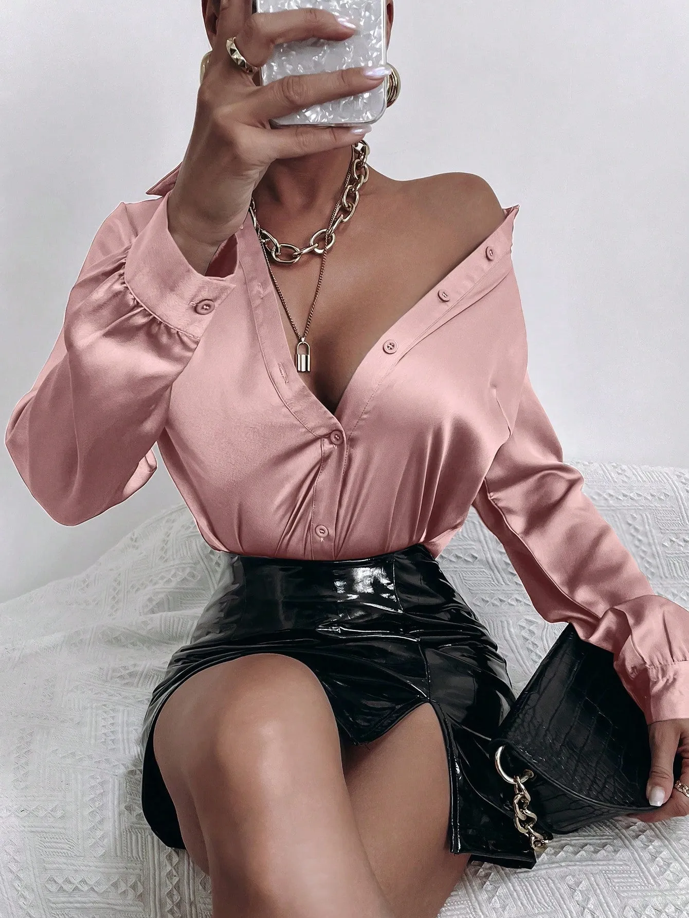 Satin Solid Button Front Shirt