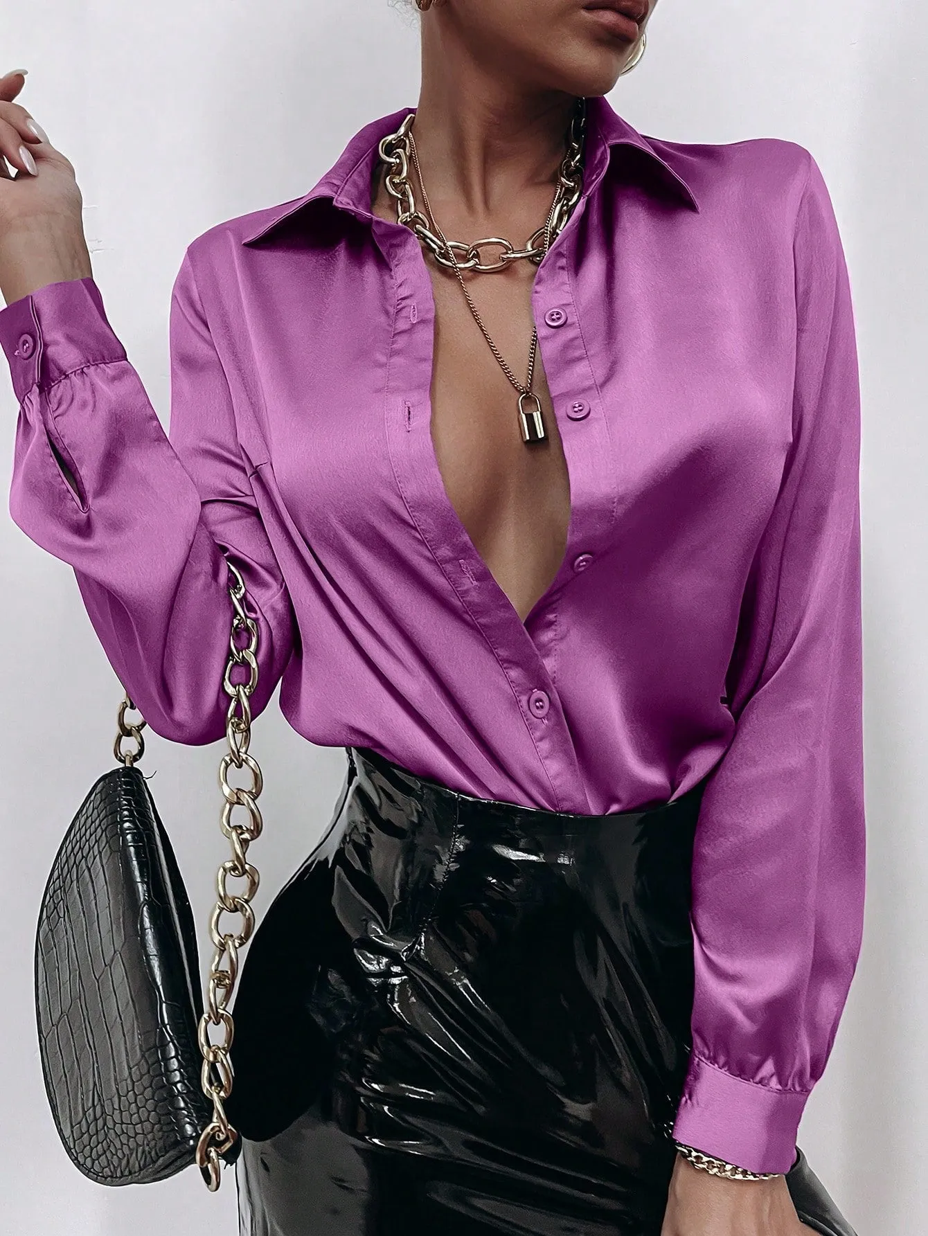 Satin Solid Button Front Shirt
