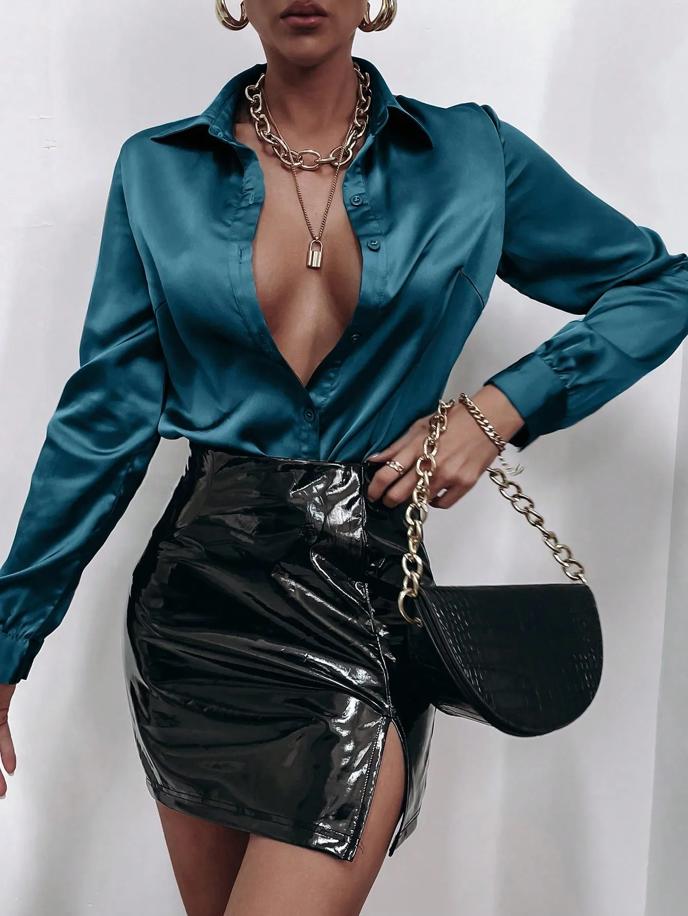 Satin Solid Button Front Shirt