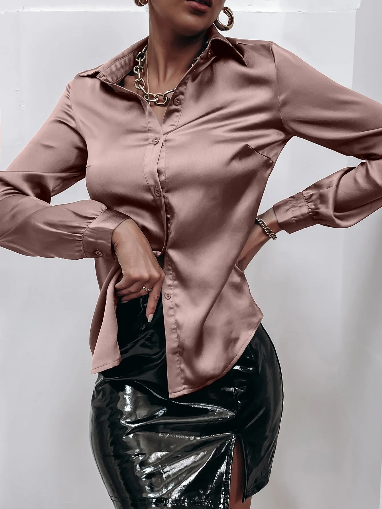 Satin Solid Button Front Shirt