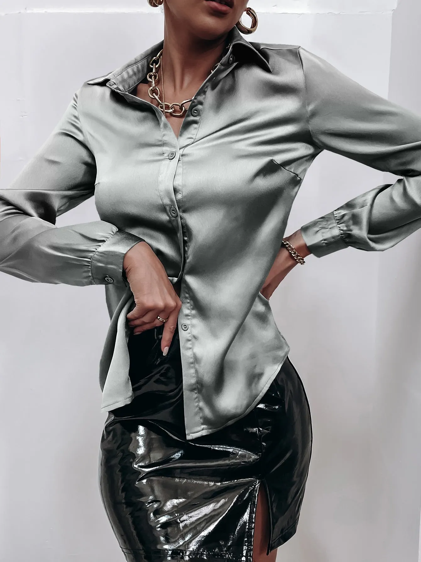 Satin Solid Button Front Shirt