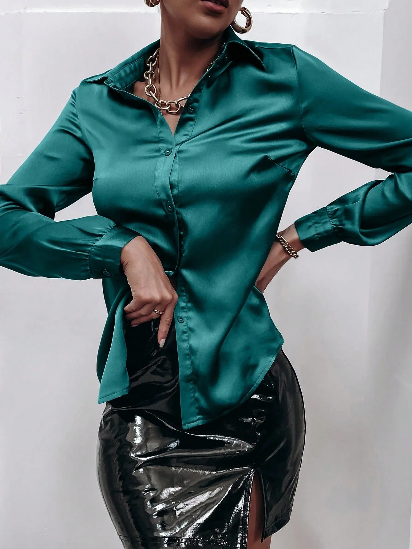 Satin Solid Button Front Shirt