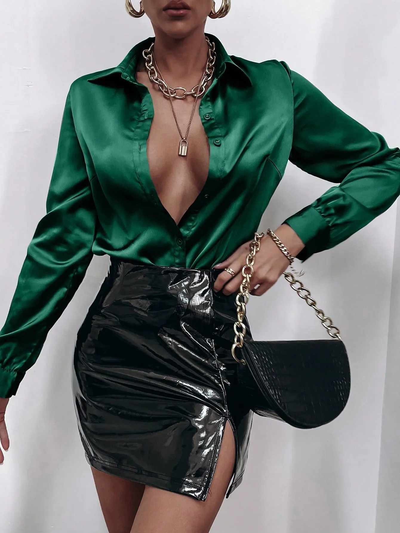 Satin Solid Button Front Shirt