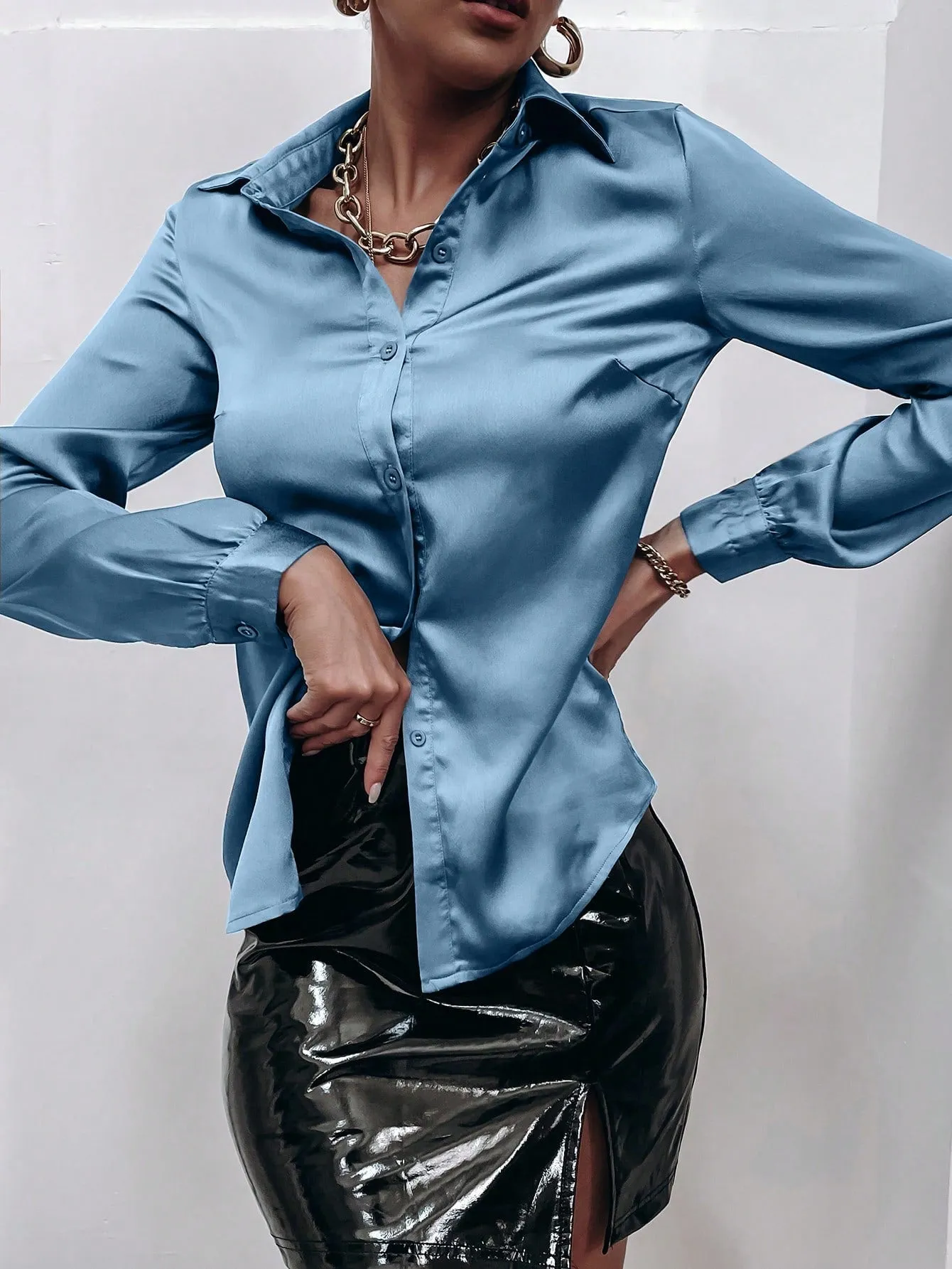 Satin Solid Button Front Shirt
