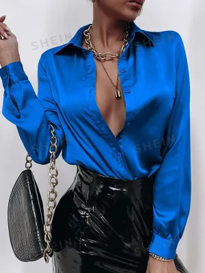 Satin Solid Button Front Shirt