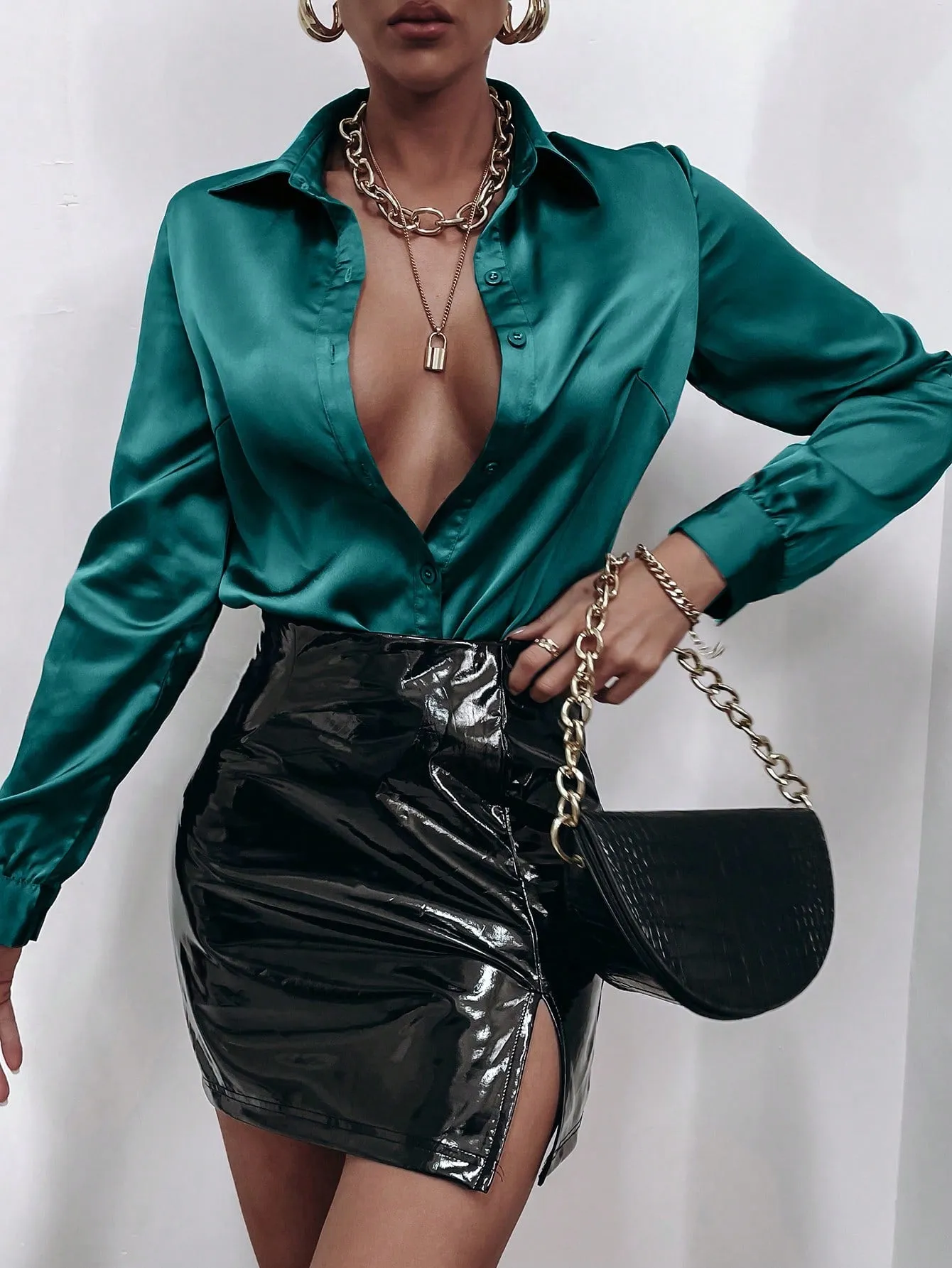 Satin Solid Button Front Shirt