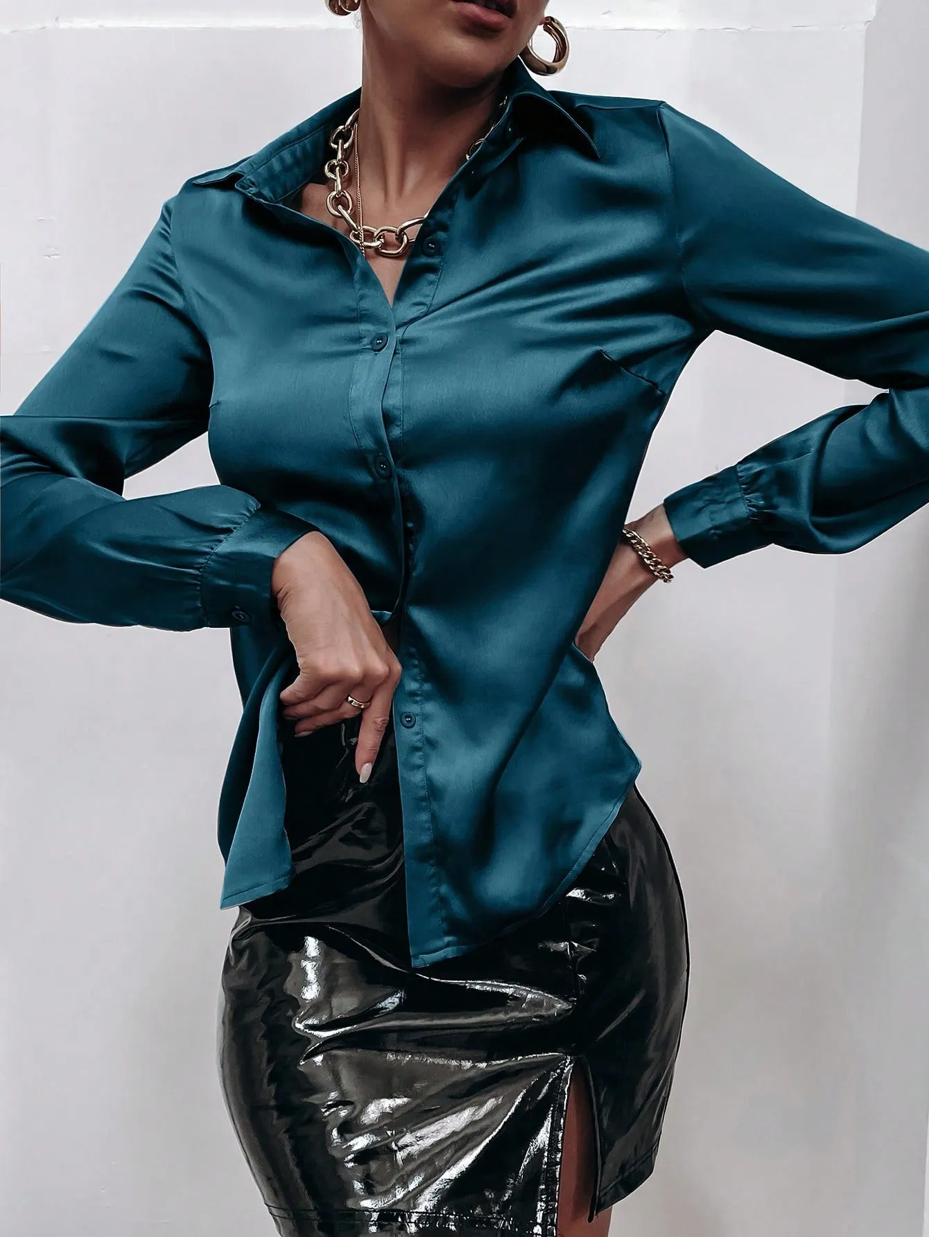 Satin Solid Button Front Shirt