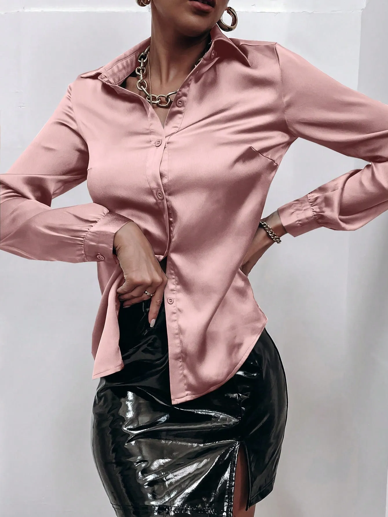 Satin Solid Button Front Shirt