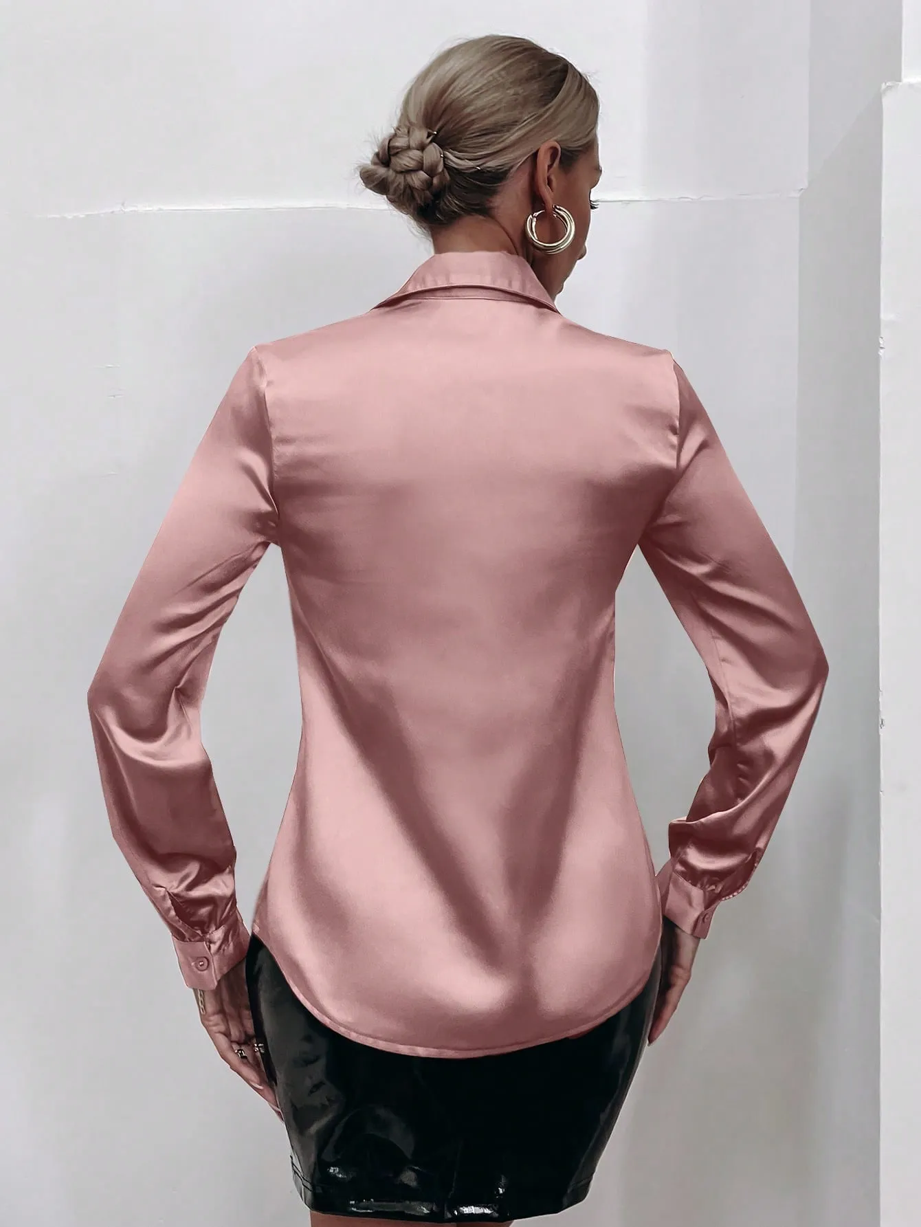 Satin Solid Button Front Shirt