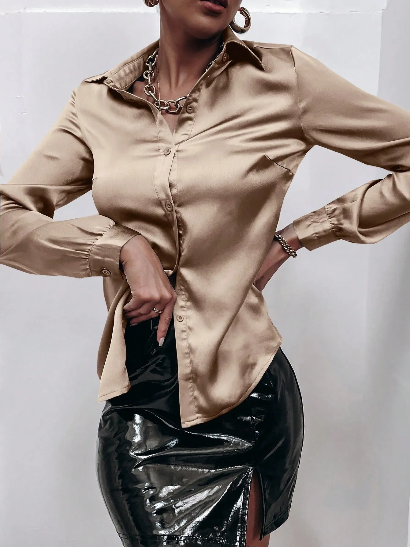 Satin Solid Button Front Shirt