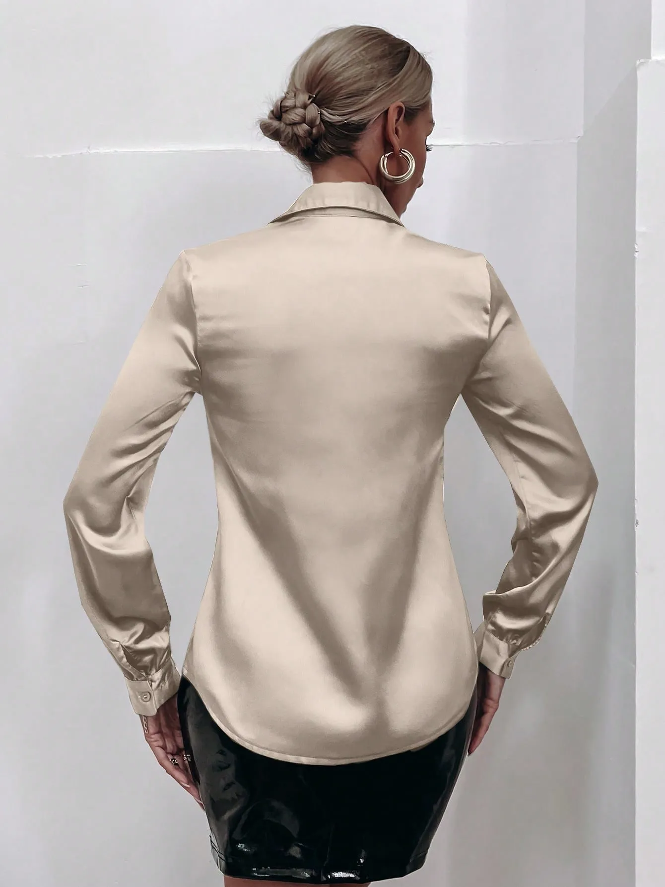 Satin Solid Button Front Shirt