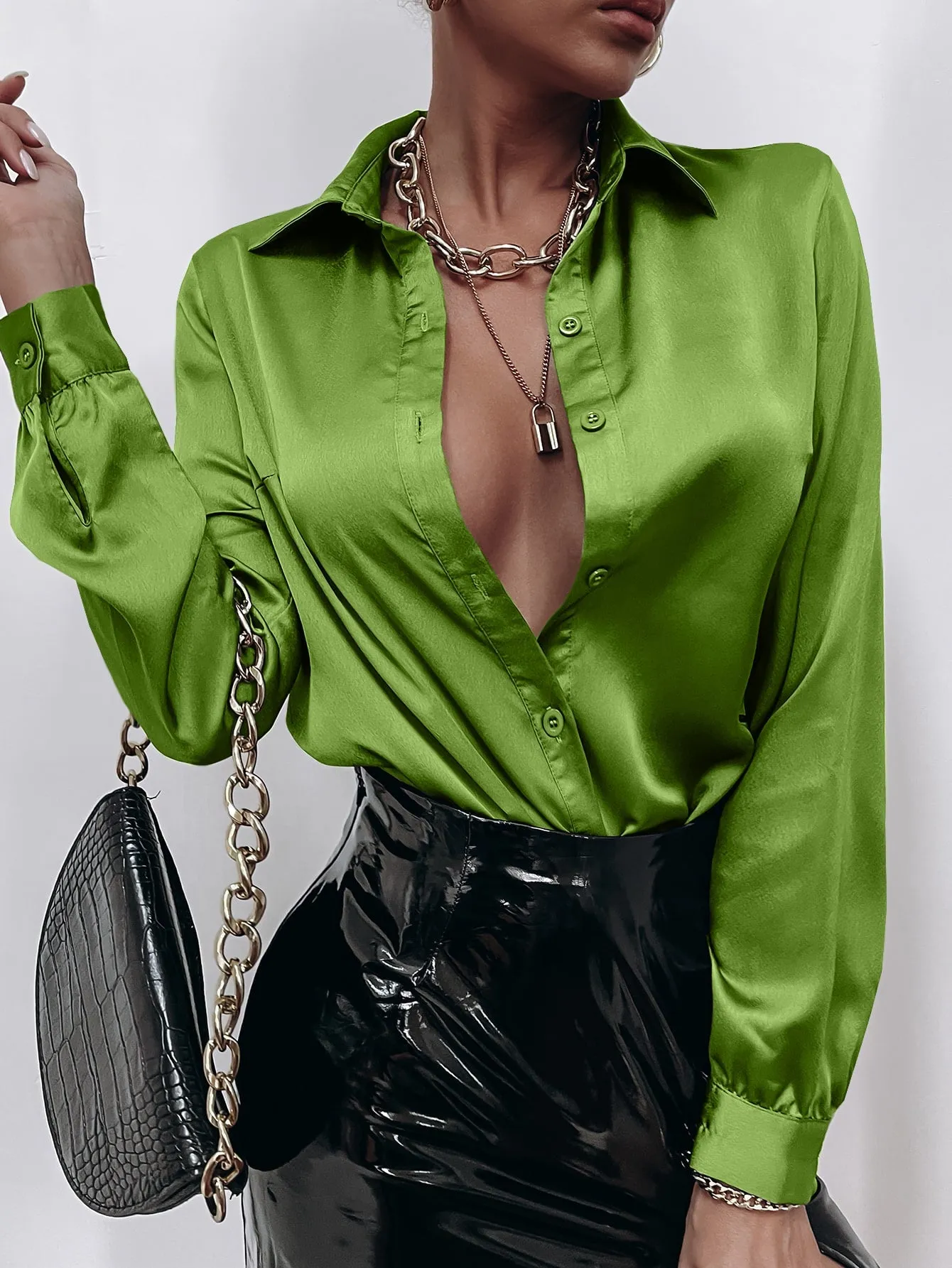 Satin Solid Button Front Shirt