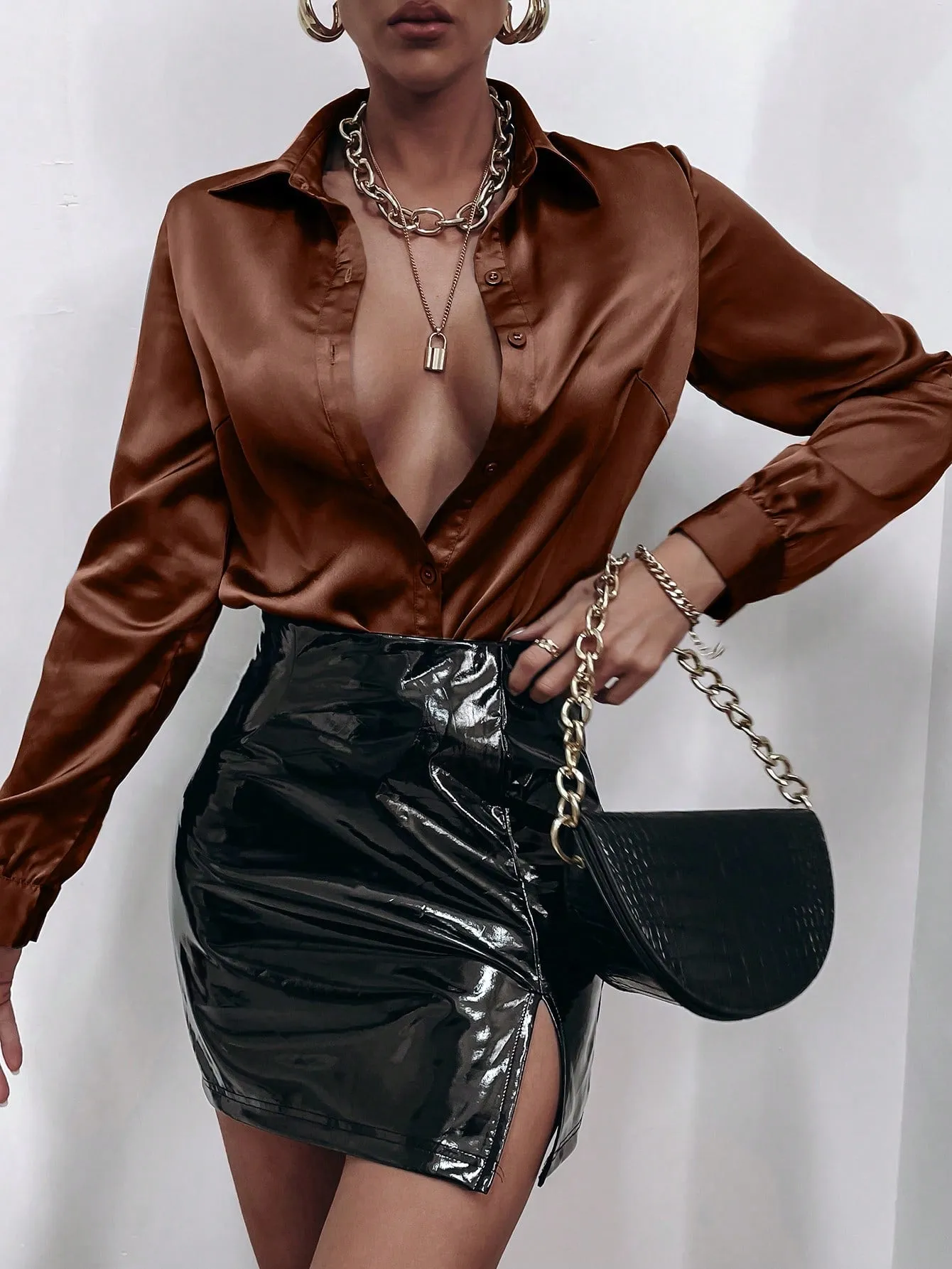 Satin Solid Button Front Shirt