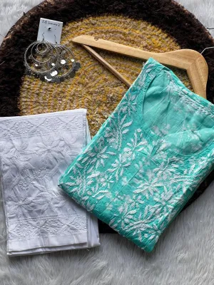 Sea Green Chikankari cotton Kurti With Pant In Mul Mul Cotton