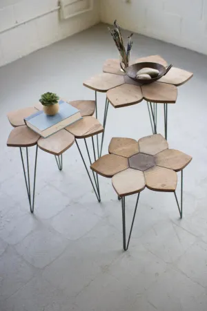 Set of 3 Flower Side Tables with Wooden Tops