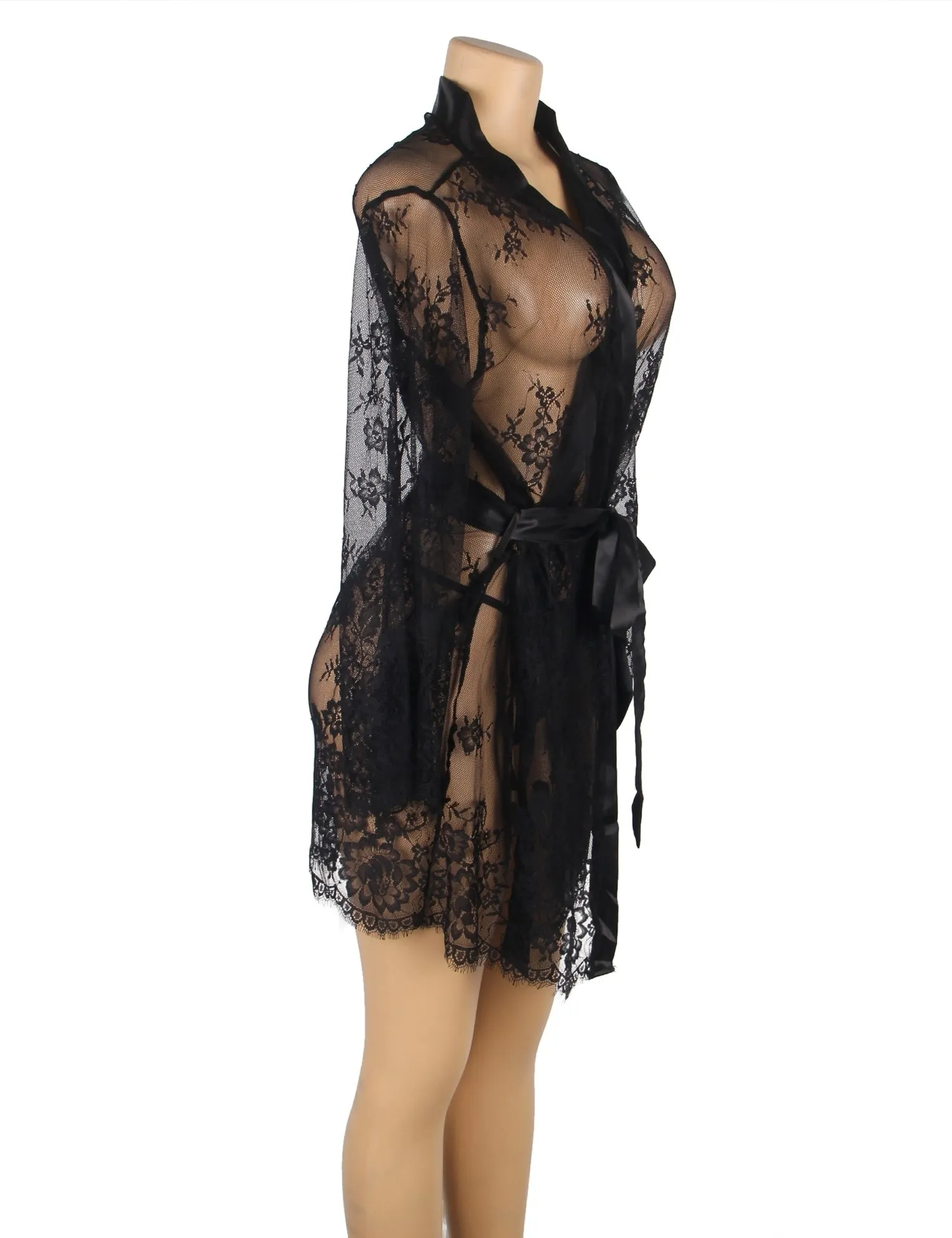 Sexy Egypt Long Sleeve White Eyelash Lace Plus Size Short Sleepwear With Thong
