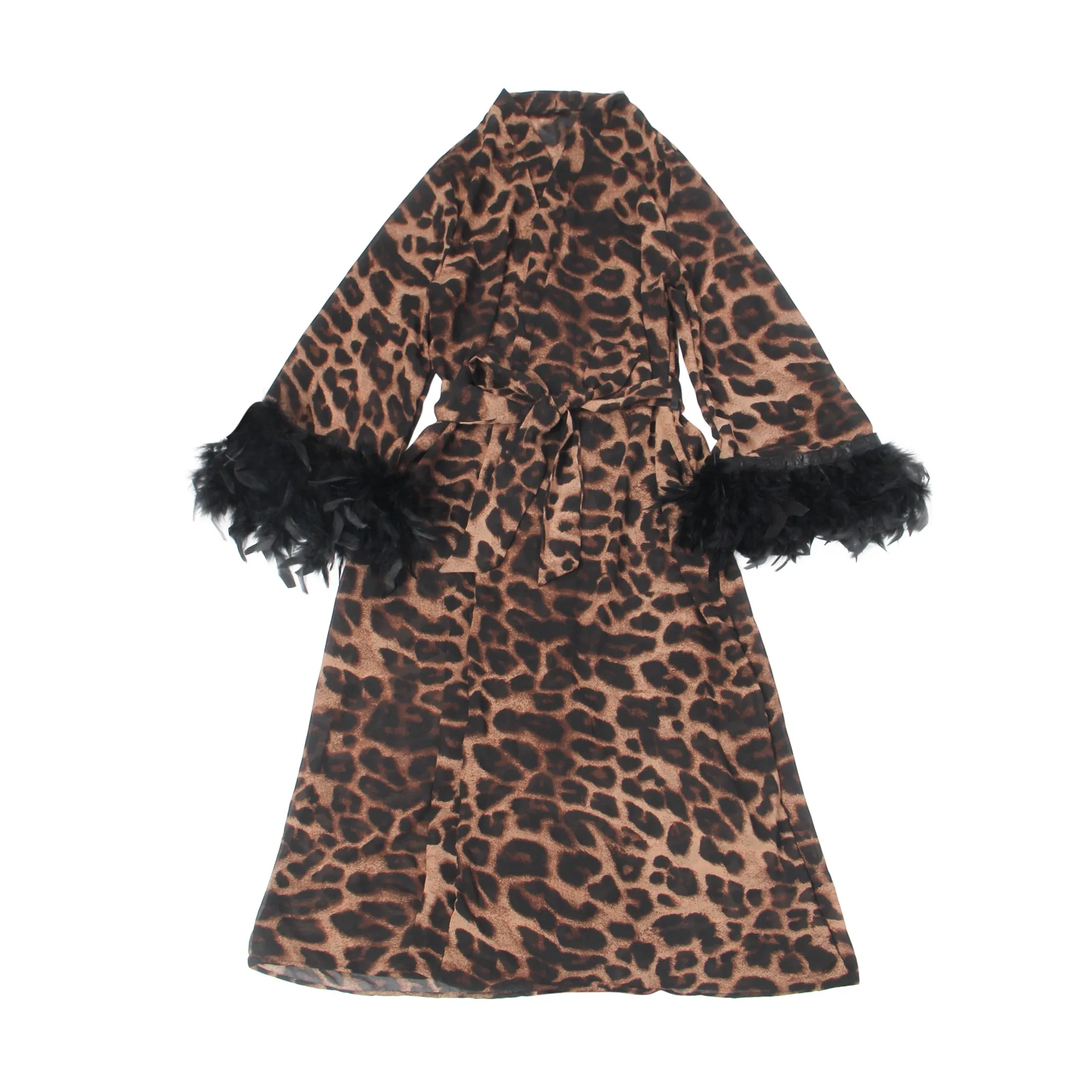 Sexy Leopard Egypt Print Chiffon Feather Long Robe With Belt