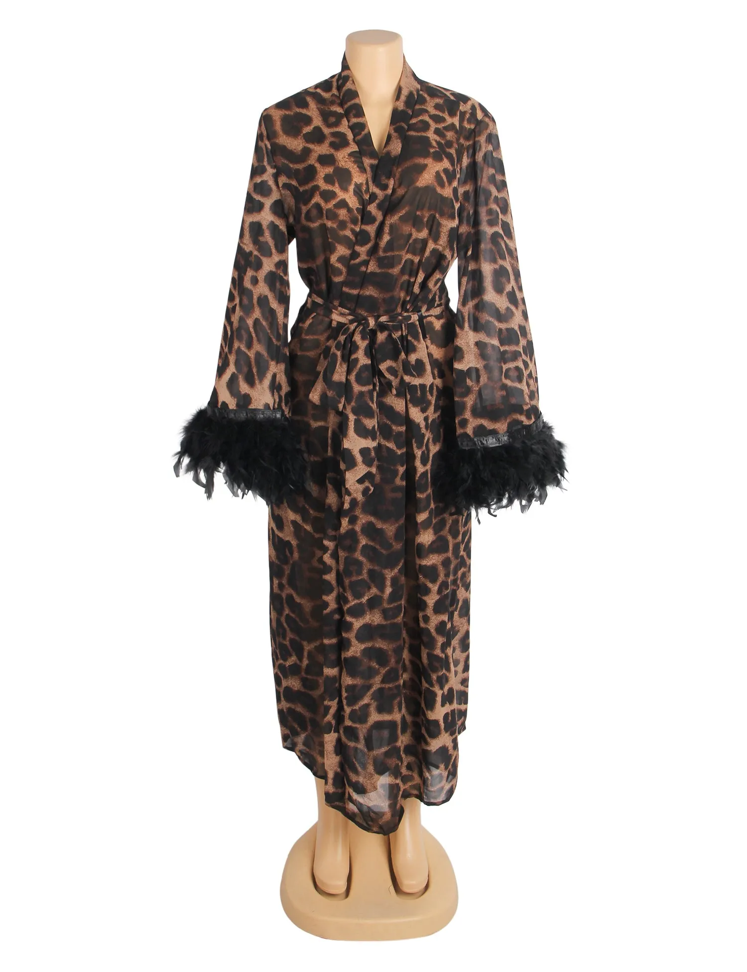 Sexy Leopard Egypt Print Chiffon Feather Long Robe With Belt