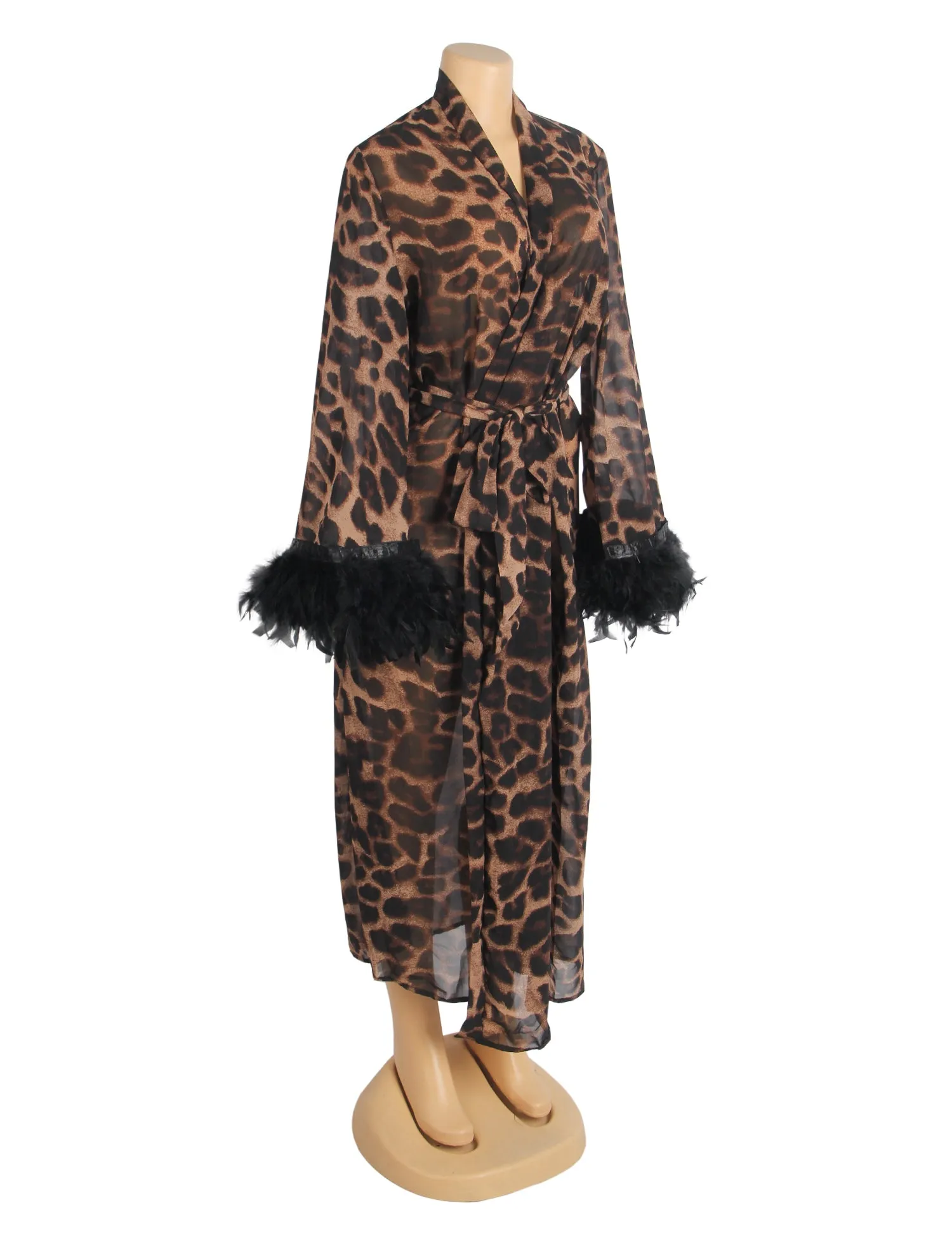 Sexy Leopard Egypt Print Chiffon Feather Long Robe With Belt