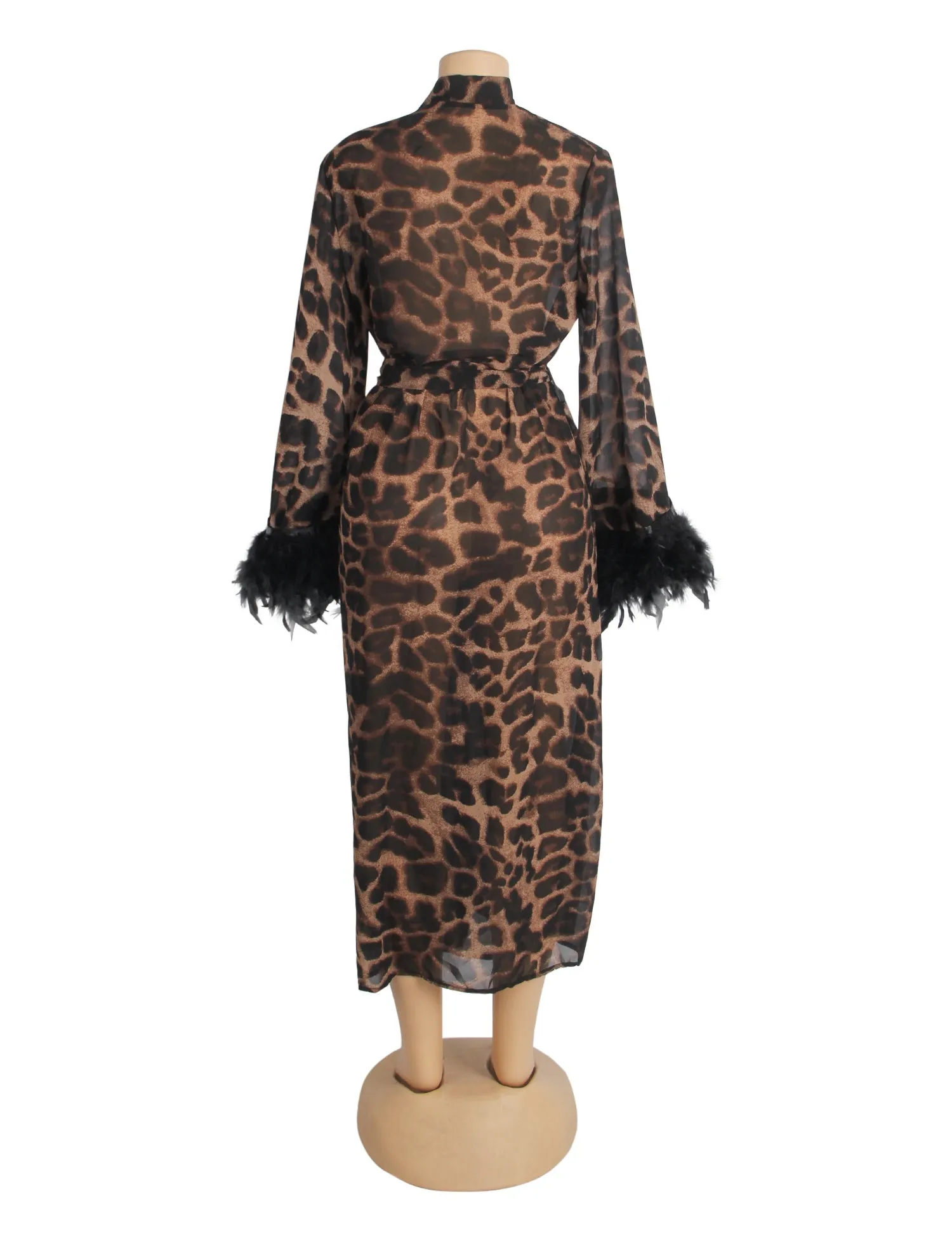 Sexy Leopard Egypt Print Chiffon Feather Long Robe With Belt