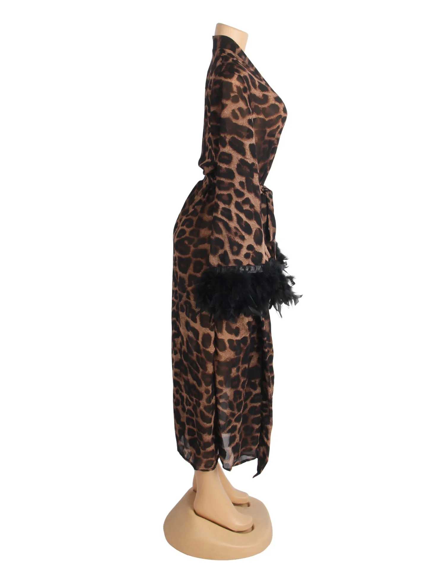 Sexy Leopard Egypt Print Chiffon Feather Long Robe With Belt