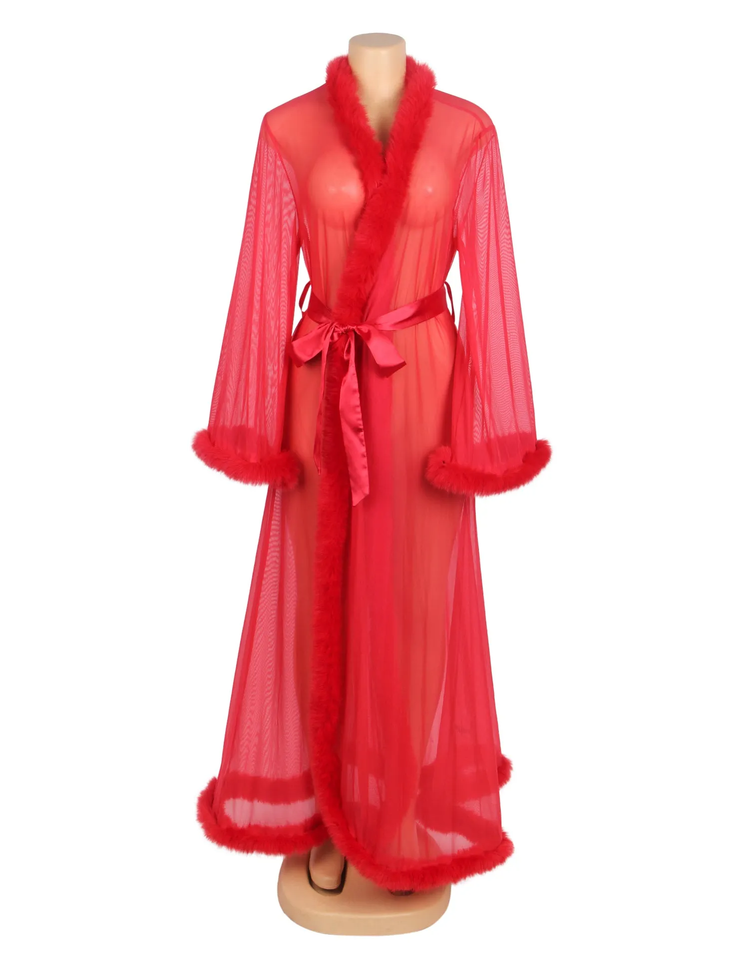 Sexy Mesh Imitation Mink Fur Trim Long Robe Egypt With Belt